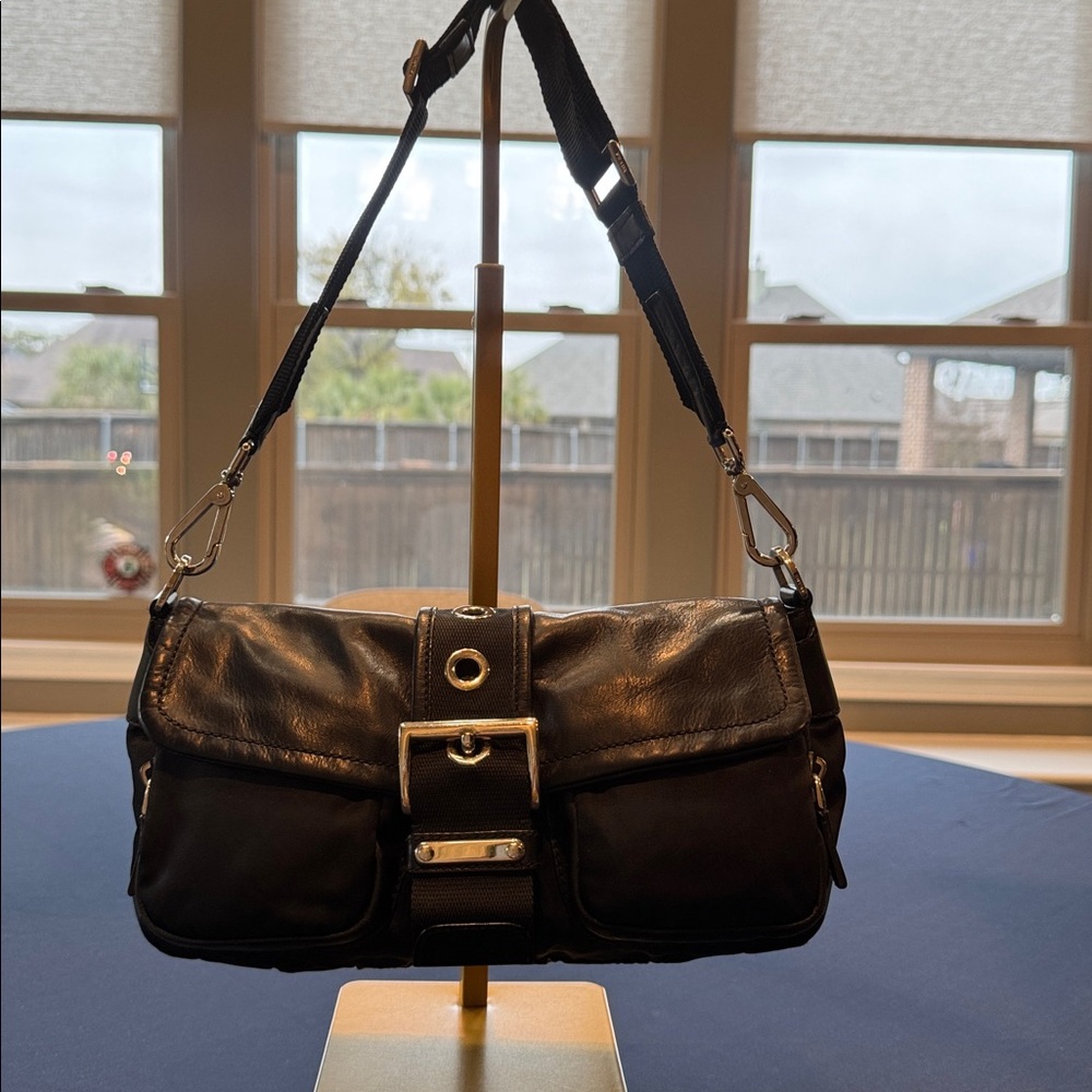 Prada Tessuto Vitello Convertible Shoulder Bag Black Nylon Dual Zip - Picture 3 of 14